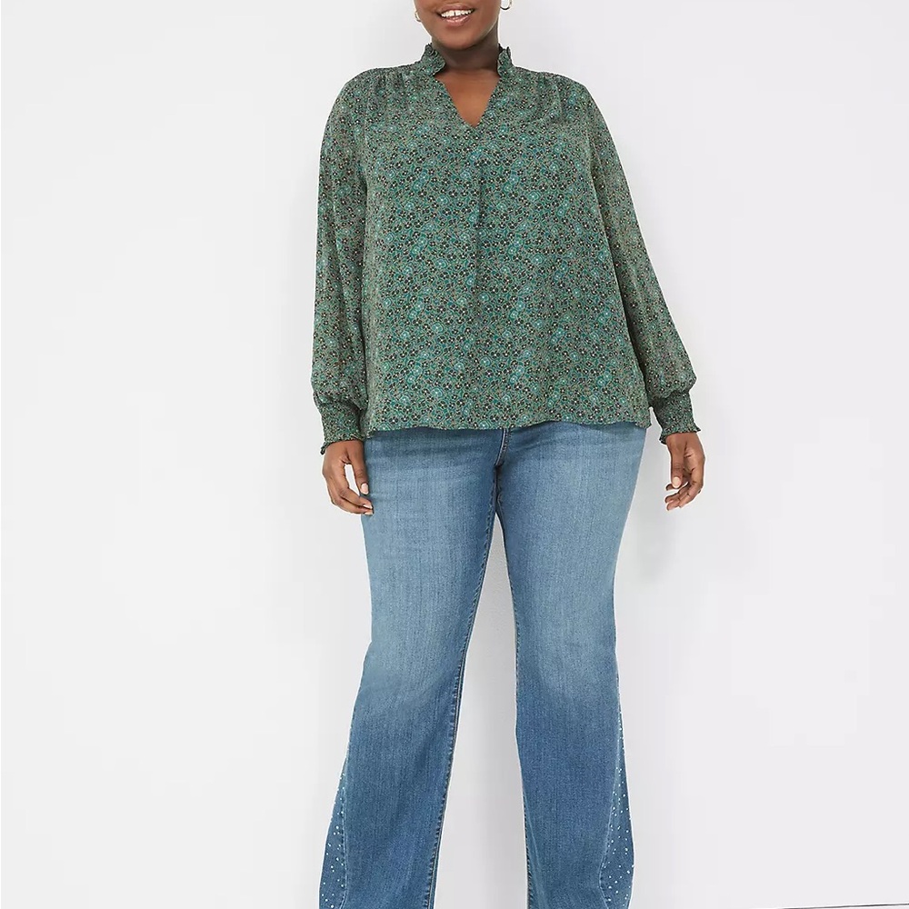 Lane Bryant: Smocked shoulder popover blouse - green